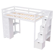 DreamHaus loft bed with built-in storage drawers, stairs with shelves, and a sturdy wooden frame in a modern bedroom setting.