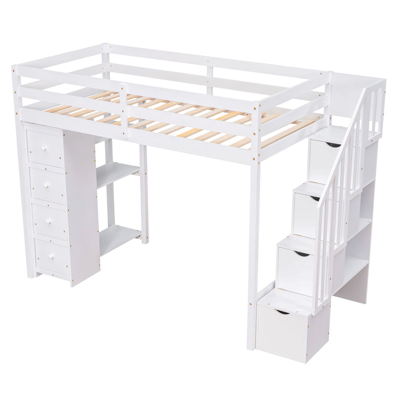 DreamHaus loft bed with built-in storage drawers, stairs with shelves, and a sturdy wooden frame in a modern bedroom setting.