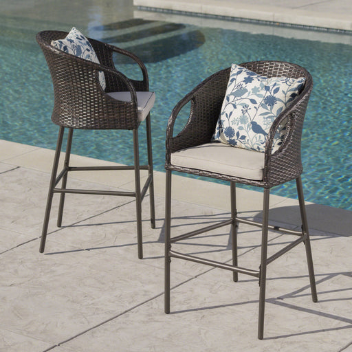 Outdoor 31" Rattan Barstools With Waterproof Cushions (Set of 2) - Multi Brown - R&R Furniture Gallery (Fountain Valley, CA)