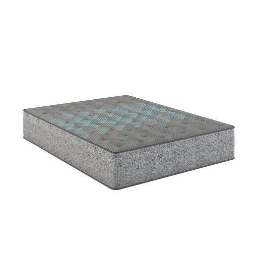 Restonic Comfort Care 13-inch hybrid mattress with firm comfort and advanced cooling technology, shown with plush fabric top.