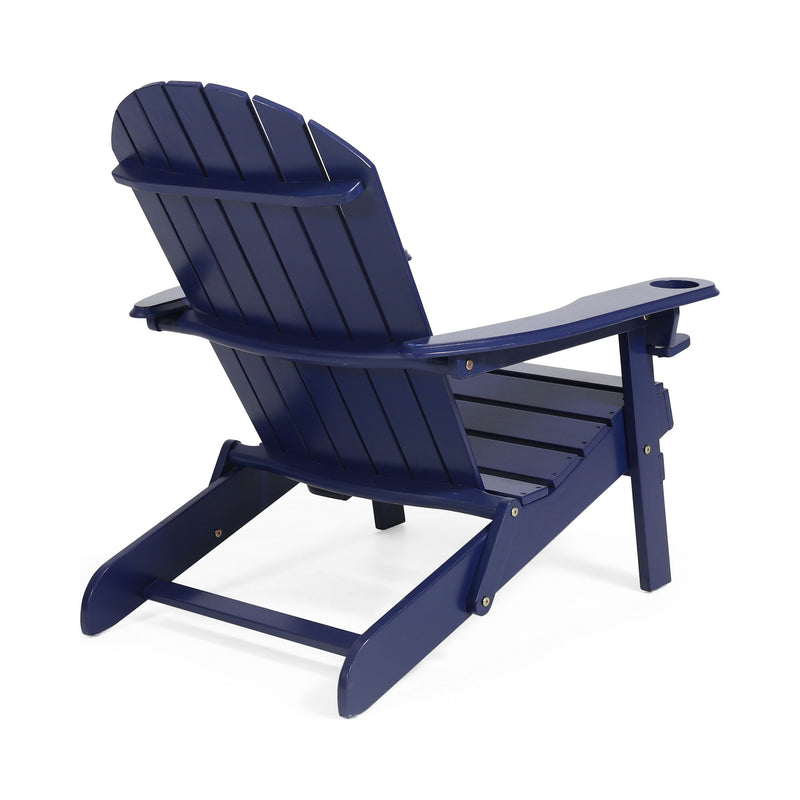 Noble House Zenithia outdoor foldable Adirondack arm chair with two built-in cup holders, made of durable weather-resistant material.