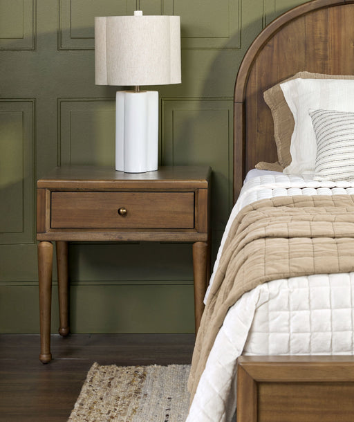 Modus Langley 1 Drawer Nightstand with CM, featuring a dark wood finish and modern design, shown in a bedroom setting.