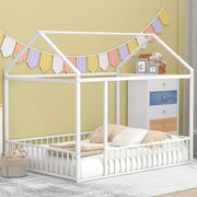 Halcyon Home metal house bed frame with canopy and fence, sturdy metal canopy bed ideal for children's bedroom or playroom.