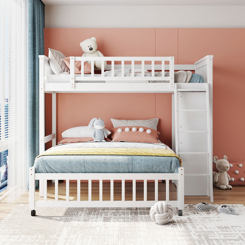 DreamHaus bunk bed with six drawers, flexible shelves, and a bottom bed on wheels, featuring a modern wooden design.