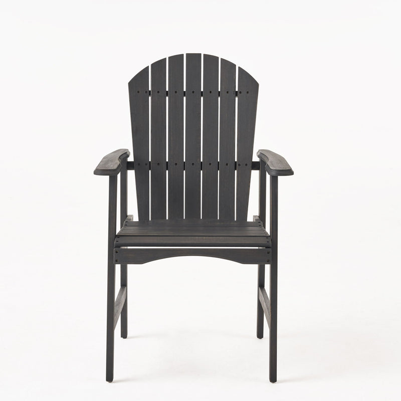 Two Noble House outdoor weather-resistant acacia wood Adirondack dining chairs set, featuring wide armrests and slatted backrests.