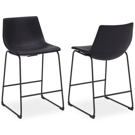 Set of two Signature Design by Ashley Centiar upholstered barstools with padded seats and sleek wooden legs.