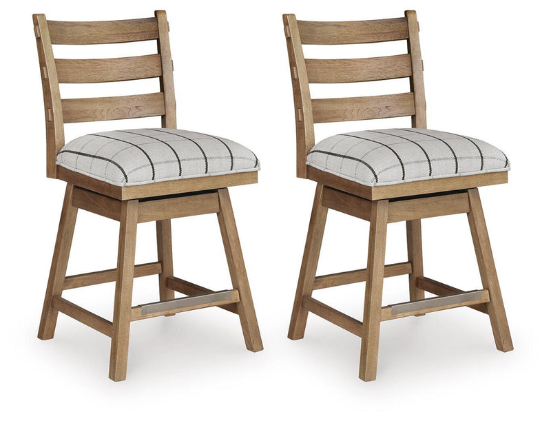 Pair of Benchcraft® Ridgester upholstered swivel barstools in light brown with cushioned seats and backrests, set of two.