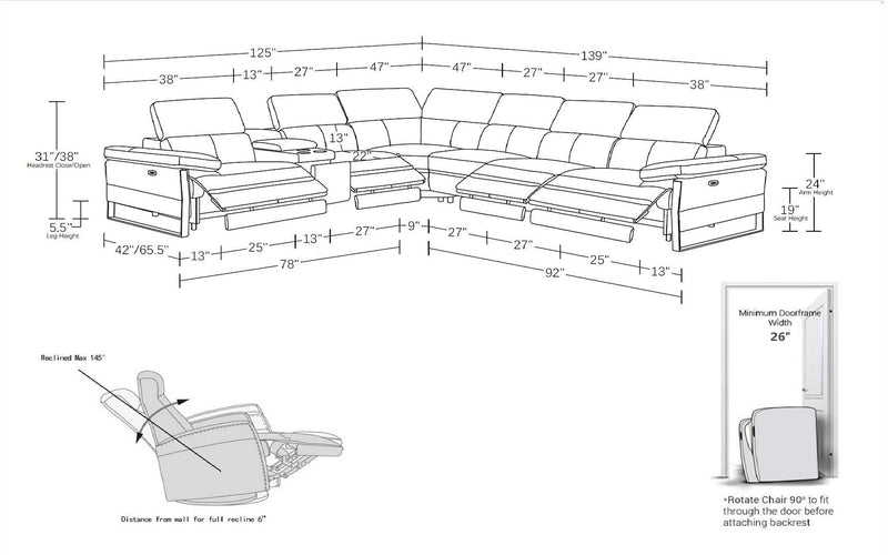 1246 - 7-Piece L-Shaped Modular Power Reclining Sectional With 4 Power Recliners And Power Headrests