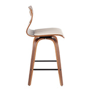 Set of two Lumi Source Folia mid-century modern counter stools with wooden seats and metal legs, ideal for kitchen or bar areas.