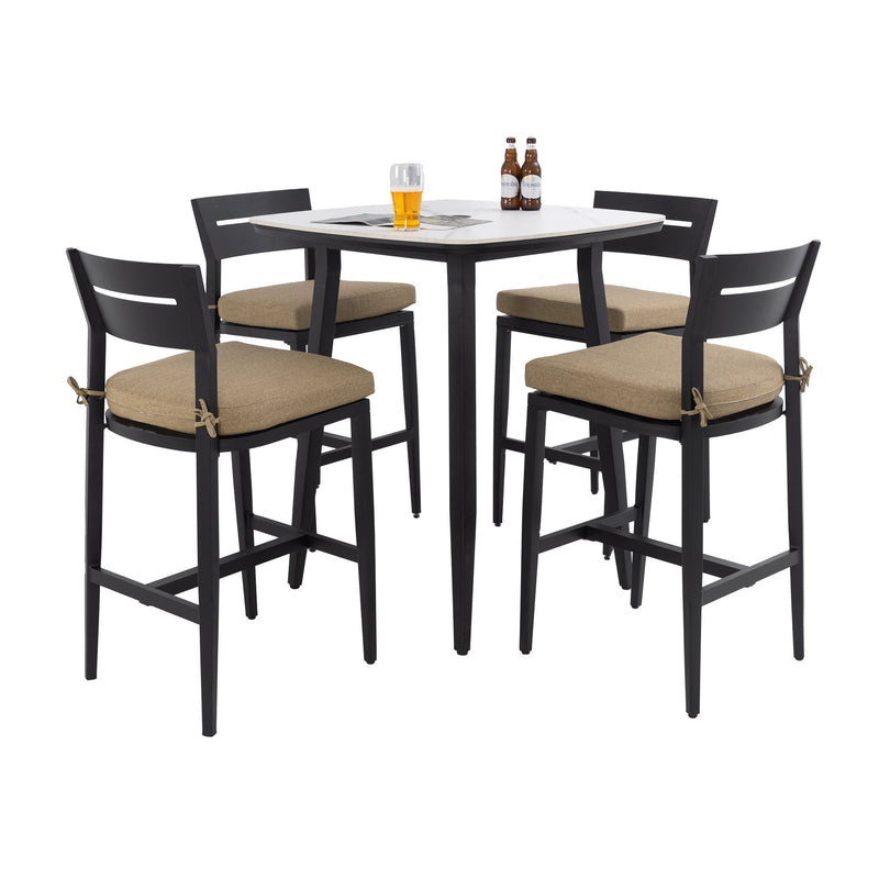 Life Outside 5-piece outdoor patio bar set with rounded square table and four aluminum bar stools on a patio.