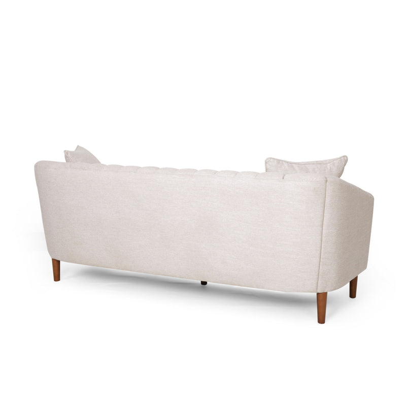 Contemporary Noble House 3-seater stationary sofa with accent pillows, beige fabric, modern design, and plush cushioning.