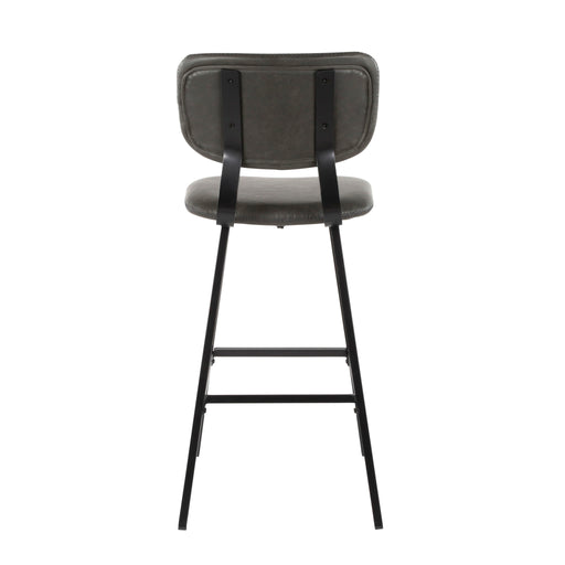 Set of two Lumi Source Foundry black and gray contemporary barstools with zig zag stitching, modern design and cushioned seats.