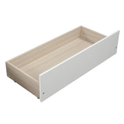DreamHaus platform storage bed with wooden frame, two built-in drawers, and a headboard, showcasing a sleek and functional design.