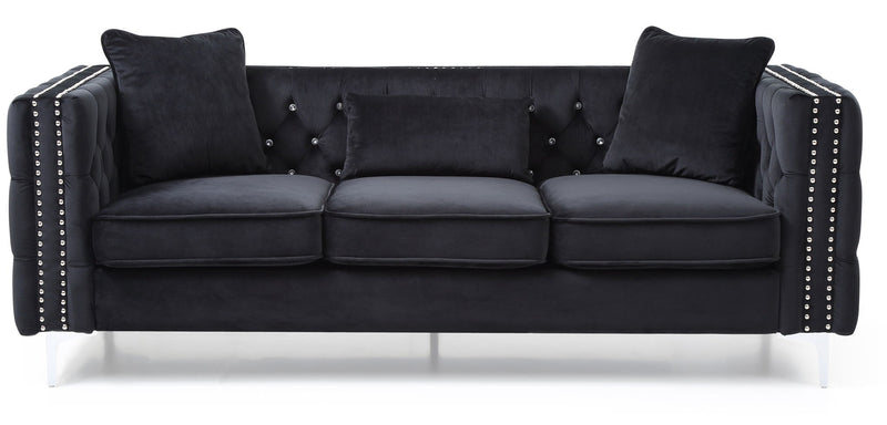 Glory Furniture Paige stationary sofa with plush cushions and fabric upholstery, shown in a modern living room setting.