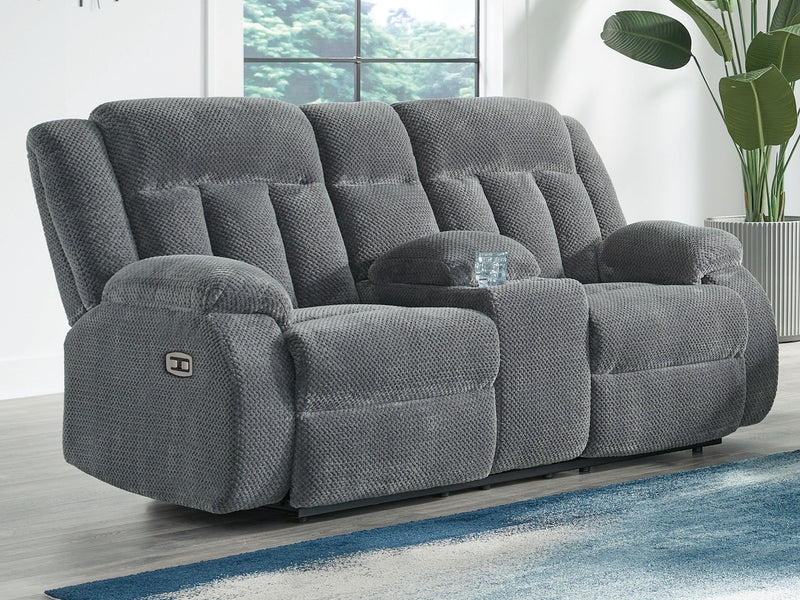 Observation - Double Reclining Power Loveseat With Console - Steel - R&R Furniture Gallery (Fountain Valley, CA)