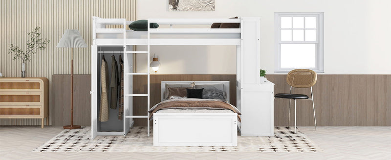 DreamHaus loft bed with integrated stand-alone bed, shelves, desk, and wardrobe, showcasing a modern multi-functional bedroom setup.