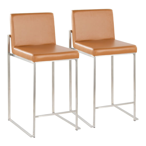 Set of two Lumi Source Fuji contemporary high back barstools with sleek design and wooden legs, ideal for modern kitchen or bar area.