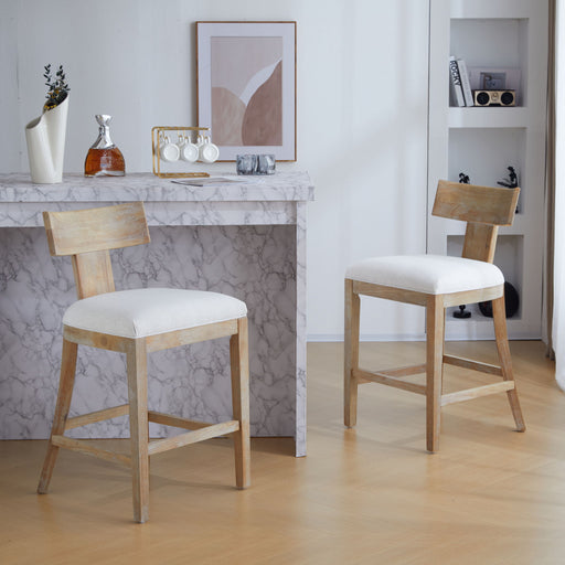 Set of two upholstered counter height bar stools by Noble House with solid rubber wood frames, featuring cushioned seats and back support.