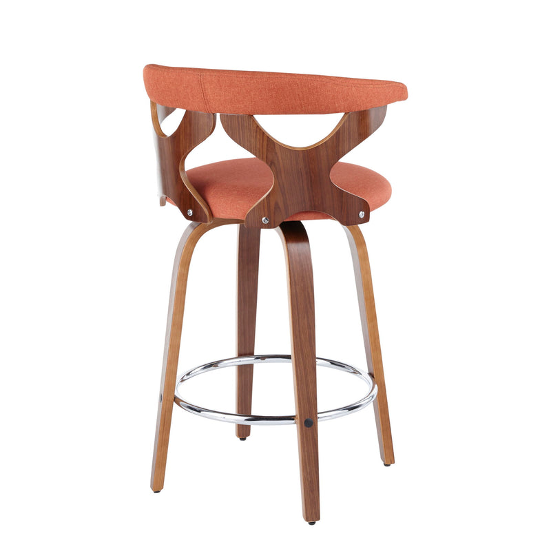 Set of two Lumi Source Gardenia mid-century modern fixed height counter stools with swivel seats, featuring sleek wooden legs and upholstered seats.