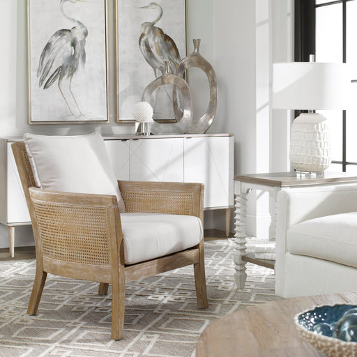 Uttermost Encore natural armchair in white with plush upholstery and wooden legs, stylish and comfortable for modern living rooms.