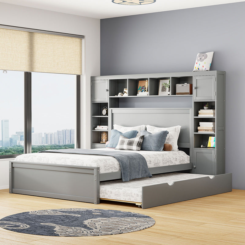 DreamHaus bed with all-in-one cabinet, shelf, and sockets, twin long trundle, featuring a modern design and integrated storage.