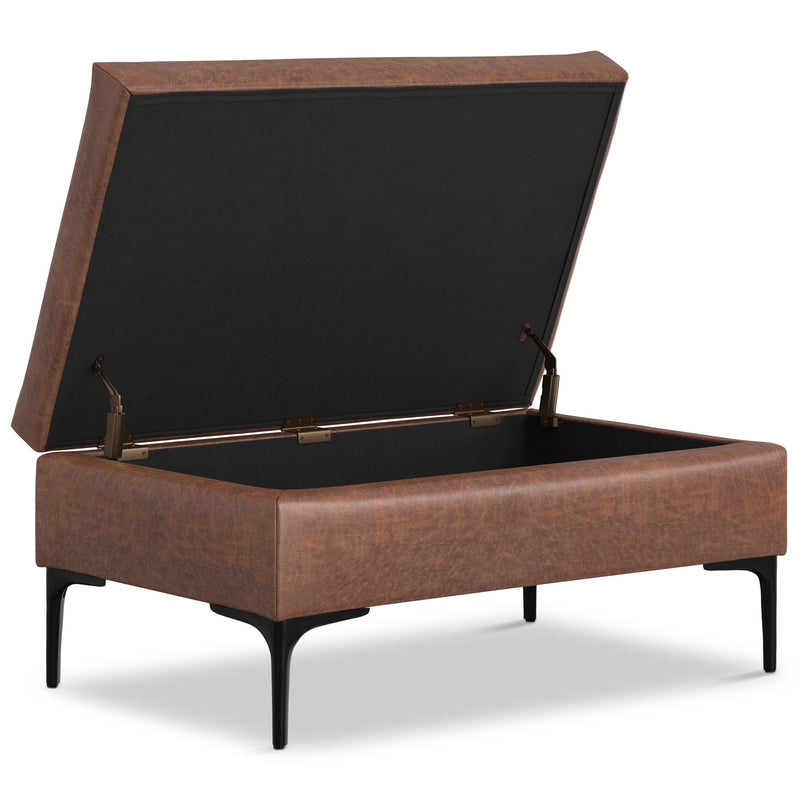 Simpli-Home Rebecca multifunctional coffee table storage ottoman with lift-up lid, beige fabric, and hidden storage compartment.