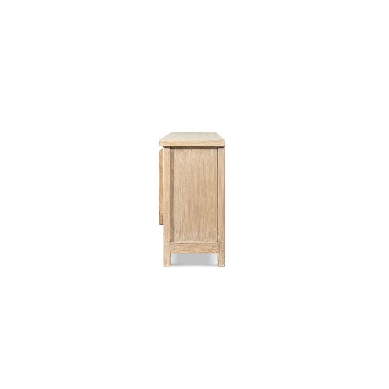 Jennifer Taylor Home Rowan 4-door sideboard cabinet in natural wood finish, showcasing spacious storage and sleek design.