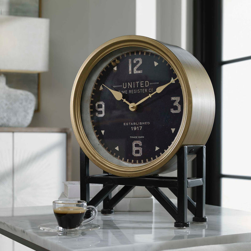 Black Shyam tabletop clock by Uttermost, featuring a sleek, modern design for stylish home or office decor.