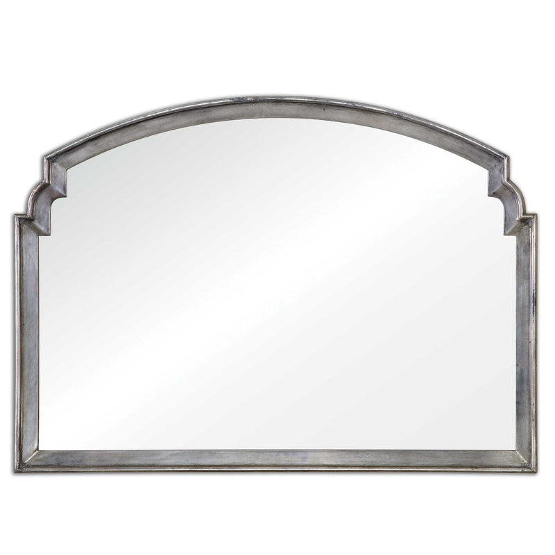 Silver wall mirror by Uttermost, Via Della style, round shape with a sleek, reflective surface and decorative silver frame.