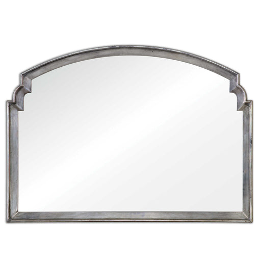 Silver wall mirror by Uttermost, Via Della style, round shape with a sleek, reflective surface and decorative silver frame.