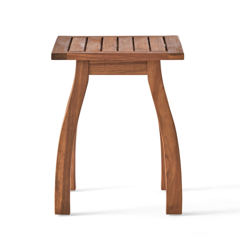 Noble House Kinesis outdoor side table with slatted top and wood frame, ideal for patio or garden decor.