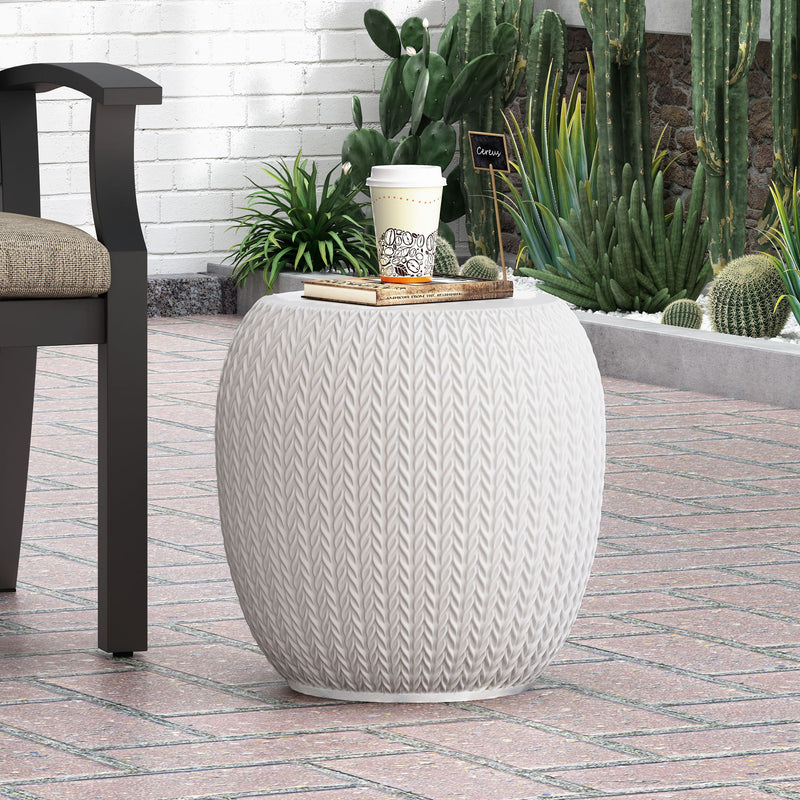 Outdoor lightweight concrete side table in antique white, designed by Noble House, showing its compact, modern style for patio or garden.