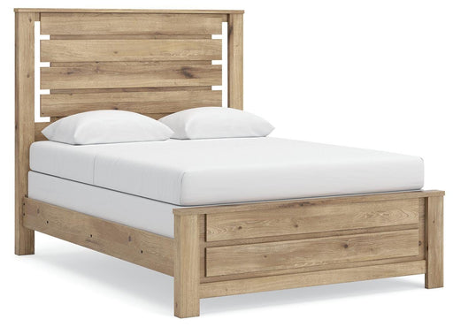 Benchcraft® Brozmont Queen Panel Bed in tan with a sleek wooden design and headboard, showcasing a modern bedroom furniture piece.