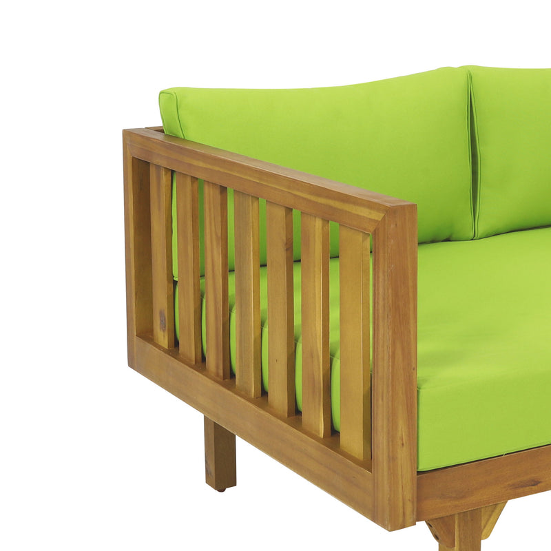 Noble House Claremont 3-seater teak acacia wood daybed with water-resistant cushions, showcasing a modern outdoor sofa design.