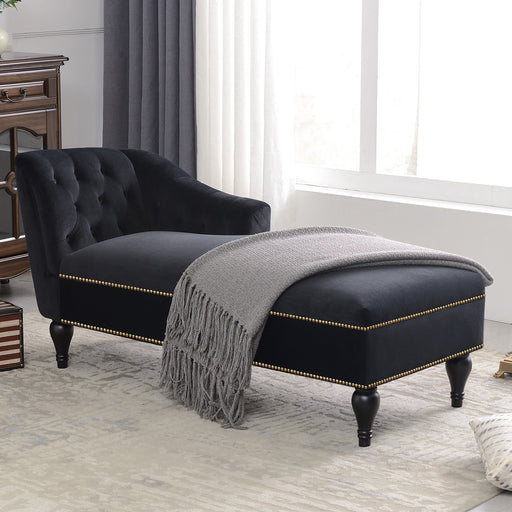 Velvet Chaise Lounge, Button Tufted Right Arm Facing Lounge Chair With Nailhead Trim For Living Room - Black - R&R Furniture Gallery (Fountain Valley, CA)