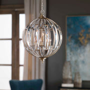 Uttermost Vicentina gold 6-light sphere pendant lighting fixture hanging from ceiling with modern design.