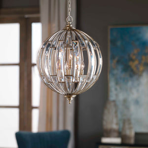 Uttermost Vicentina gold 6-light sphere pendant lighting fixture hanging from ceiling with modern design.