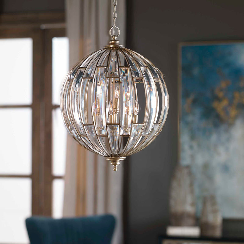 Uttermost Vicentina gold 6-light sphere pendant lighting fixture hanging from ceiling with modern design.