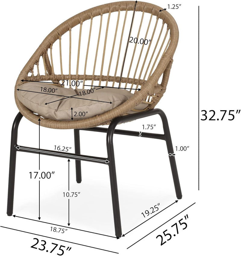 Set of two Noble House outdoor accent chairs with curved backs and basket frames in light brown and beige.