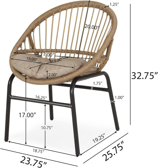 Set of two Noble House outdoor accent chairs with curved backs and basket frames in light brown and beige.