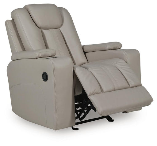 Signature Design by Ashley Elevate Edges Coin glider recliner with plush fabric, padded armrests, and a smooth gliding mechanism.