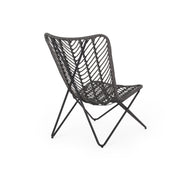 Set of two gray outdoor wicker chairs with geometric cross bases by Noble House, ideal for patio or garden seating.