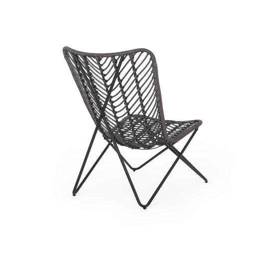 Set of two gray outdoor wicker chairs with geometric cross bases by Noble House, ideal for patio or garden seating.