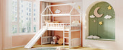 DreamHaus loft bed with slide, sturdy wooden frame, featuring a built-in ladder and a fun slide for kids' bedroom play area.
