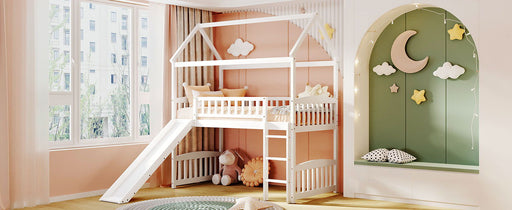 DreamHaus loft bed with slide, sturdy wooden frame, featuring a built-in ladder and a fun slide for kids' bedroom play area.