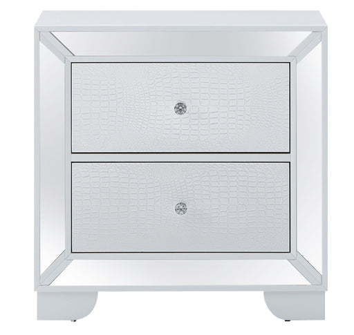 Contemporary silver champagne accent nightstand by Glory Furniture with particle board finish, featuring a sleek modern design.