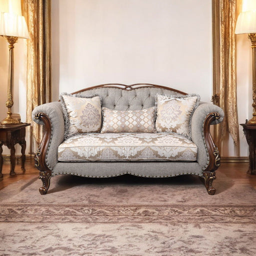 Miyeon - Loveseat With 3 Pillows - Fabric & Cherry - R&R Furniture Gallery (Fountain Valley, CA)