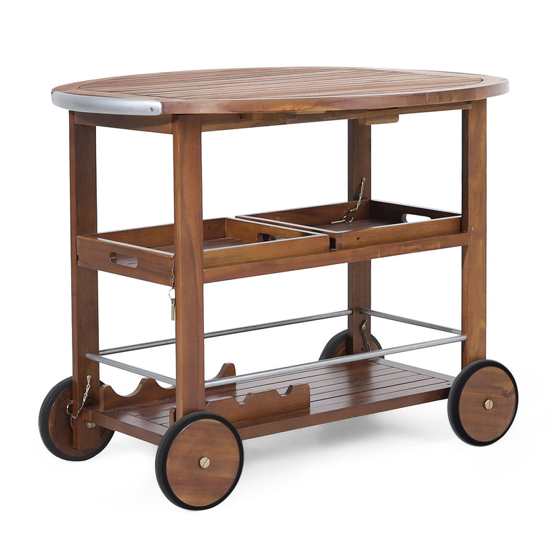 Wood And Aluminum Bar Cart With 2 Shelves - Oak / Silver - R&R Furniture Gallery (Fountain Valley, CA)