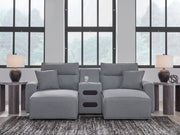 Signature Design by Ashley Modmax II reclining sectional in salt and pepper fabric, showing the plush, modern sofa with reclining features.
