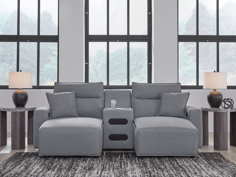 Signature Design by Ashley Modmax II reclining sectional in salt and pepper fabric, showing the plush, modern sofa with reclining features.